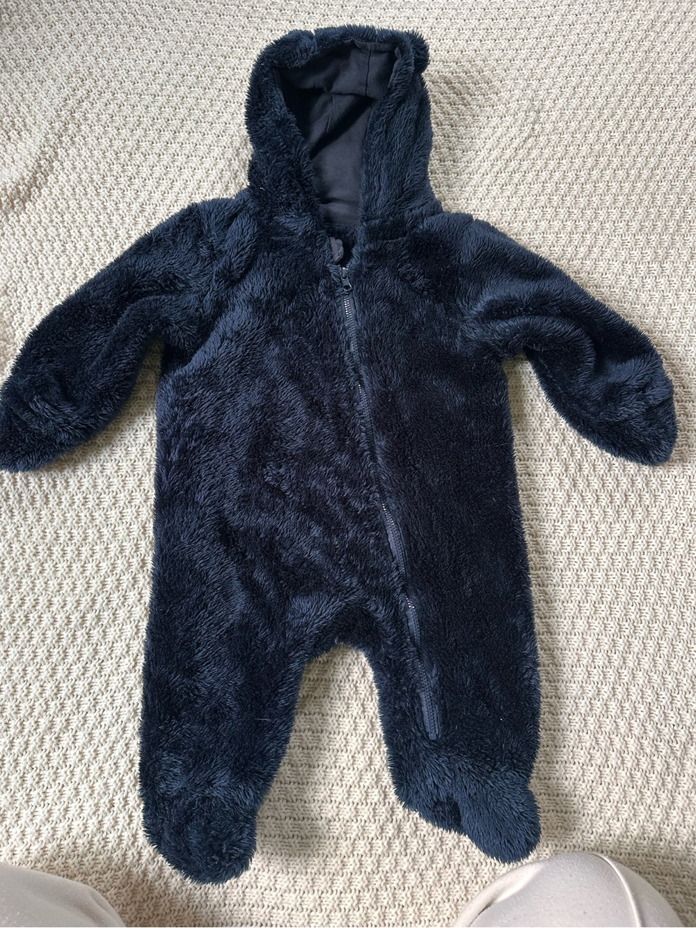 Plush Navy Hooded One-Piece Snowsuit for Kids